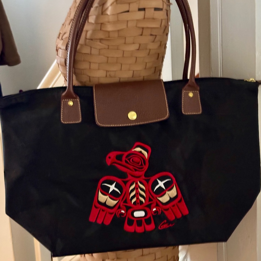 Black Nylon Tote Bag with embroidered "Eagle" by artist Gene Suyu. Unused.